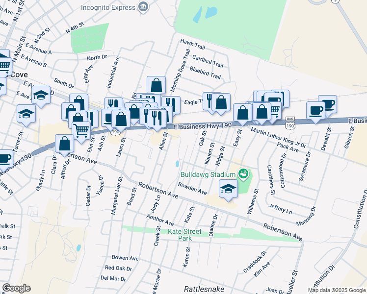 map of restaurants, bars, coffee shops, grocery stores, and more near 304 Creek Street in Copperas Cove