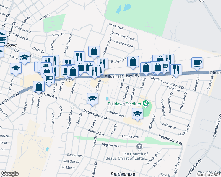 map of restaurants, bars, coffee shops, grocery stores, and more near 306 Creek Street in Copperas Cove