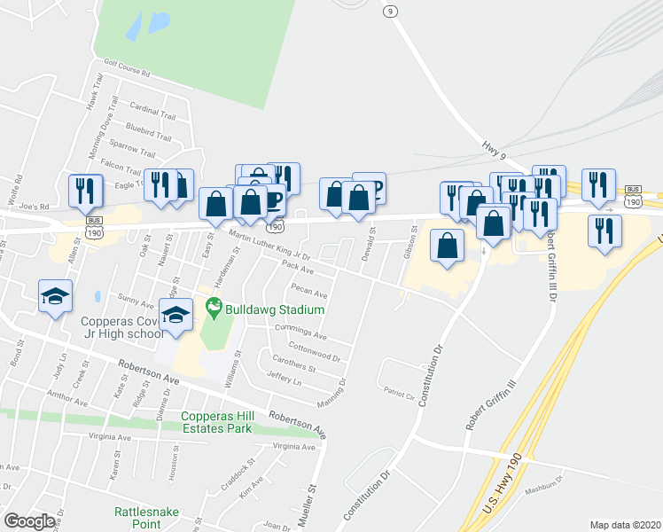 map of restaurants, bars, coffee shops, grocery stores, and more near 1345 Martin Luther King Junior Drive in Copperas Cove