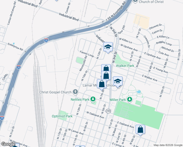 map of restaurants, bars, coffee shops, grocery stores, and more near 700 Mayborn Drive in Temple