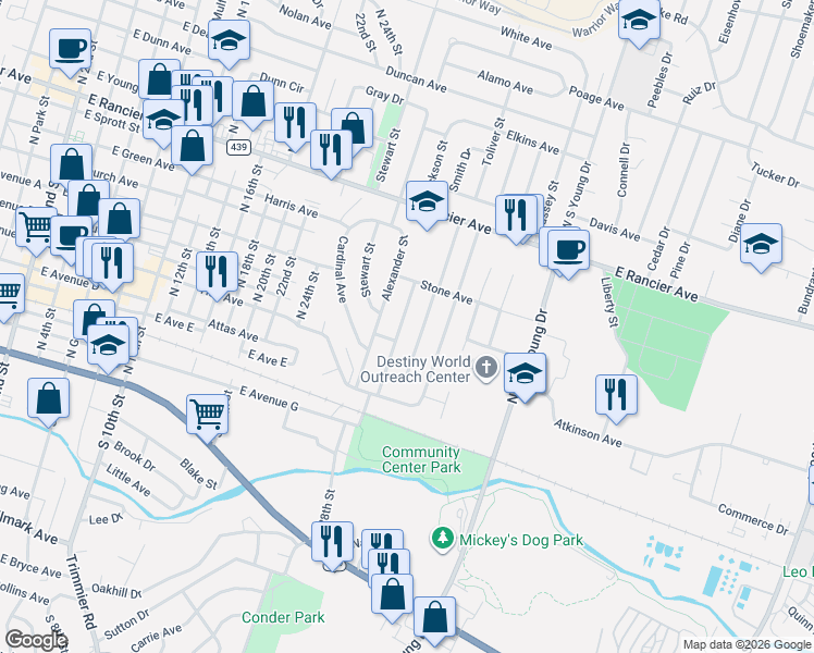 map of restaurants, bars, coffee shops, grocery stores, and more near 508 Alexander Street in Killeen