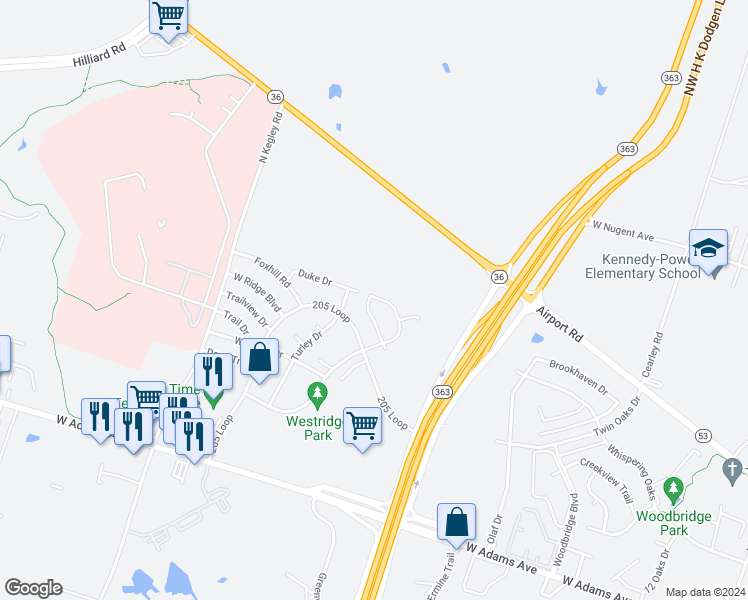 map of restaurants, bars, coffee shops, grocery stores, and more near 778 East Ridge Boulevard in Temple