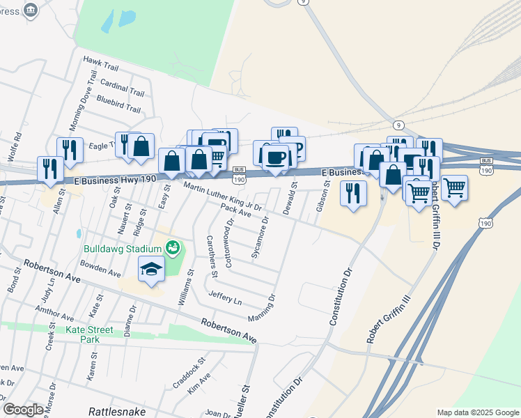 map of restaurants, bars, coffee shops, grocery stores, and more near 1321 Martin Luther King Junior Drive in Copperas Cove