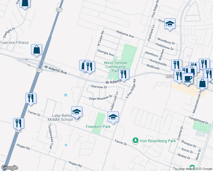 map of restaurants, bars, coffee shops, grocery stores, and more near 8514 Starview Street in Temple