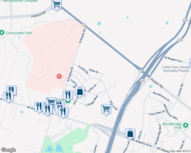 map of restaurants, bars, coffee shops, grocery stores, and more near 5022 205 Loop in Temple
