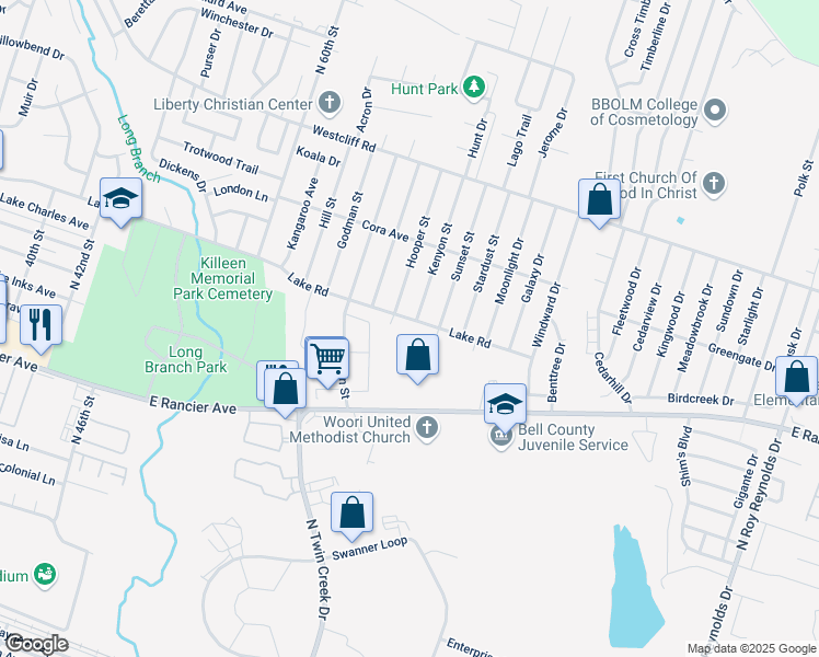 map of restaurants, bars, coffee shops, grocery stores, and more near 1701 Kenyon Street in Killeen