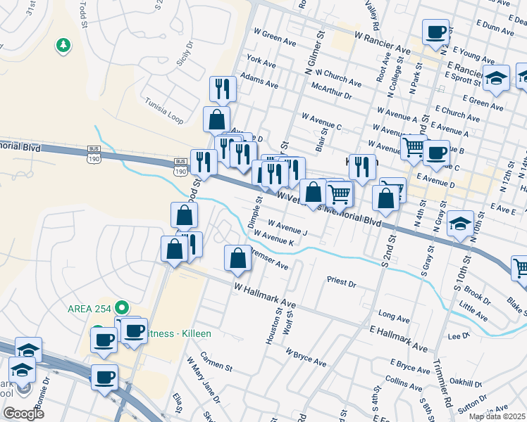 map of restaurants, bars, coffee shops, grocery stores, and more near 709 West Avenue I in Killeen