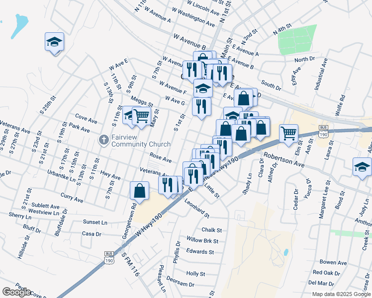 map of restaurants, bars, coffee shops, grocery stores, and more near 303 Veterans Avenue in Copperas Cove