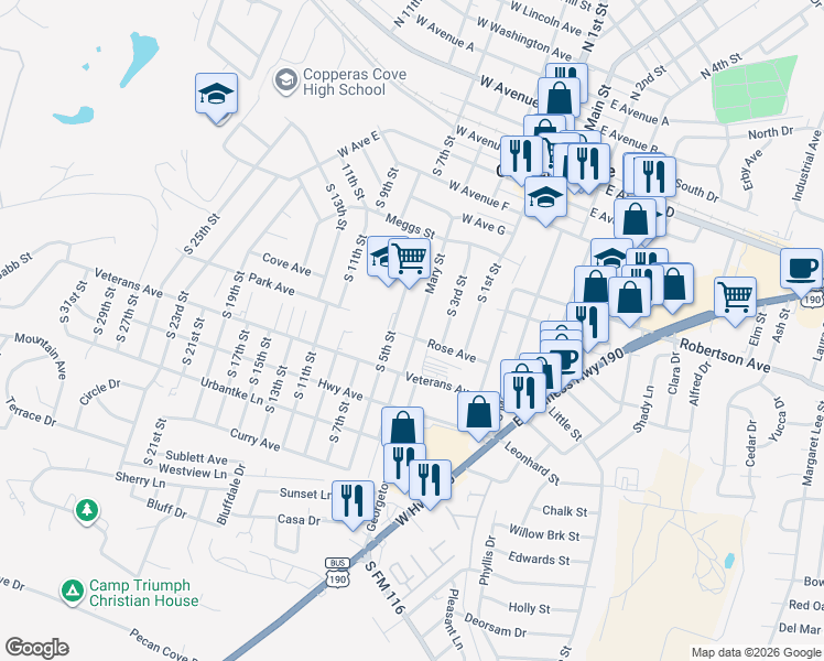 map of restaurants, bars, coffee shops, grocery stores, and more near 803 Mary Street in Copperas Cove