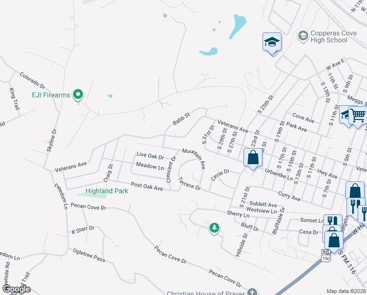 map of restaurants, bars, coffee shops, grocery stores, and more near 2508 Mountain Avenue in Copperas Cove