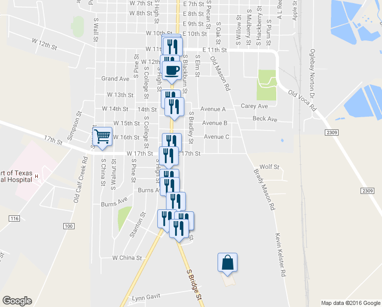 map of restaurants, bars, coffee shops, grocery stores, and more near 303 East 17th Street in Brady