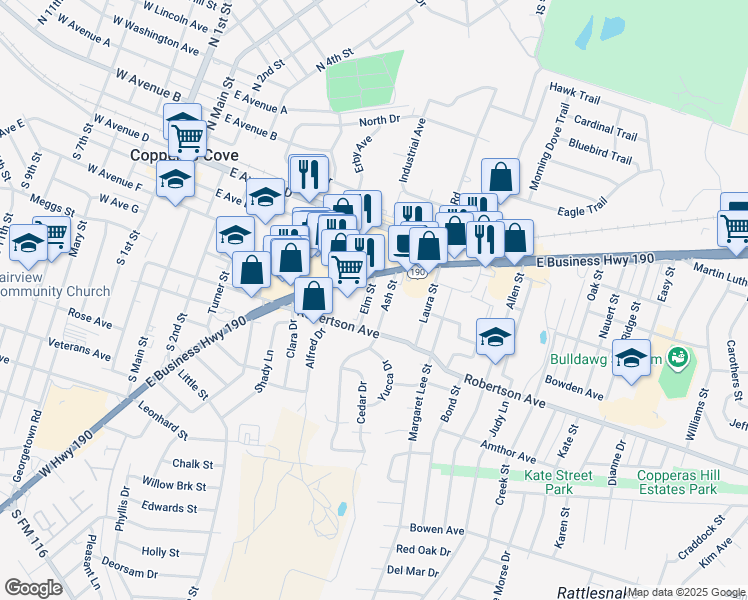map of restaurants, bars, coffee shops, grocery stores, and more near 304 Ash Street in Copperas Cove