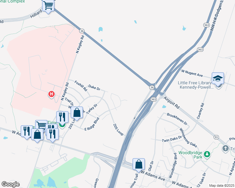 map of restaurants, bars, coffee shops, grocery stores, and more near 767 East Ridge Boulevard in Temple