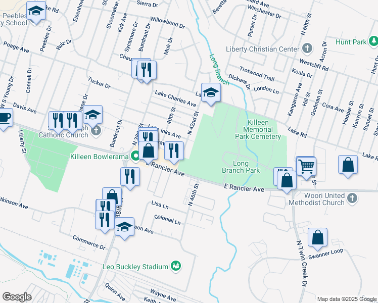 map of restaurants, bars, coffee shops, grocery stores, and more near 1200 North 42nd Street in Killeen