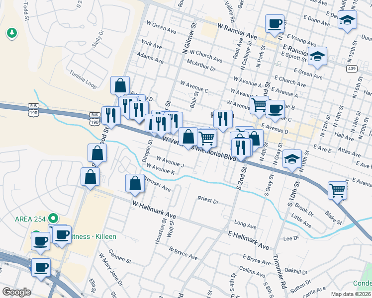map of restaurants, bars, coffee shops, grocery stores, and more near 608 West Veterans Memorial Boulevard in Killeen