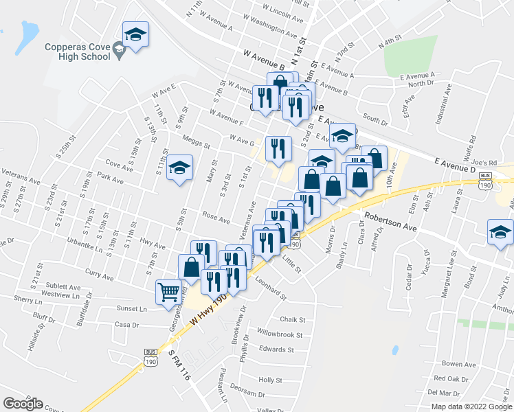 map of restaurants, bars, coffee shops, grocery stores, and more near 305 Veterans Avenue in Copperas Cove