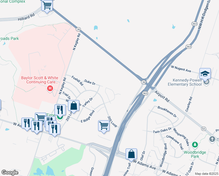 map of restaurants, bars, coffee shops, grocery stores, and more near 771 East Ridge Boulevard in Temple