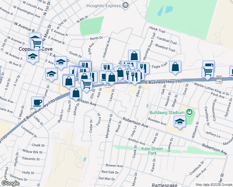 map of restaurants, bars, coffee shops, grocery stores, and more near in Bertram