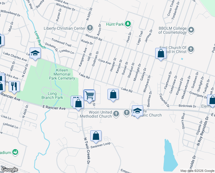 map of restaurants, bars, coffee shops, grocery stores, and more near 1701 Kenyon Street in Killeen