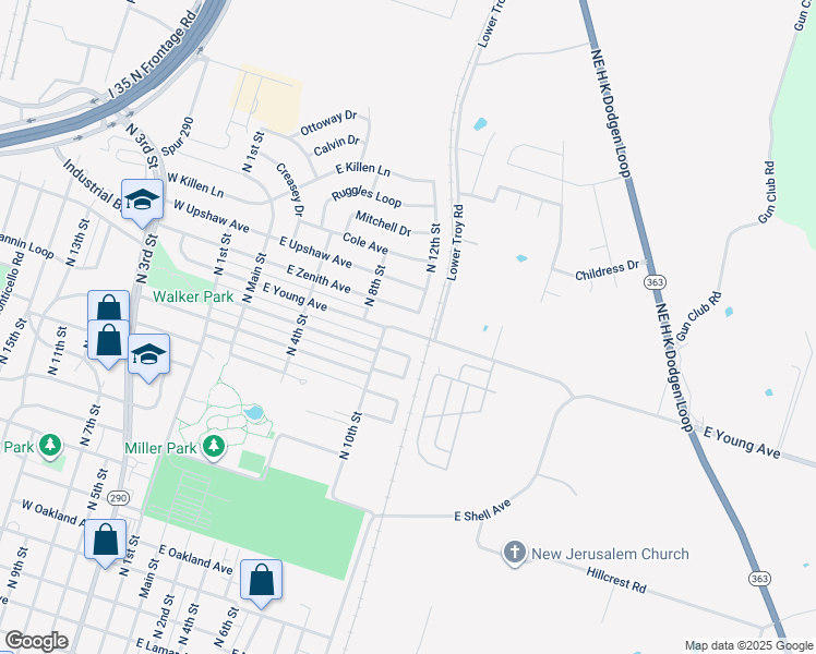 map of restaurants, bars, coffee shops, grocery stores, and more near 512b East Young Avenue in Temple