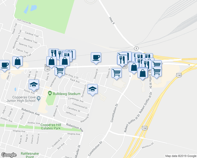 map of restaurants, bars, coffee shops, grocery stores, and more near 207 Marston Avenue in Copperas Cove