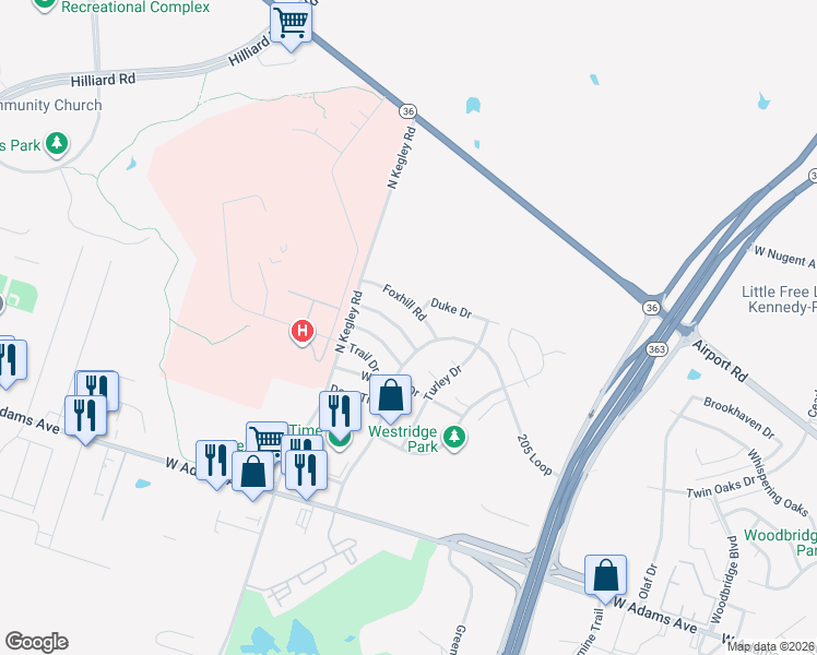 map of restaurants, bars, coffee shops, grocery stores, and more near 5216 West Ridge Boulevard in Temple