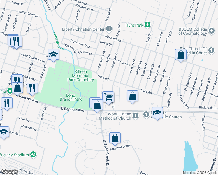 map of restaurants, bars, coffee shops, grocery stores, and more near 1303 Hooten Street in Killeen