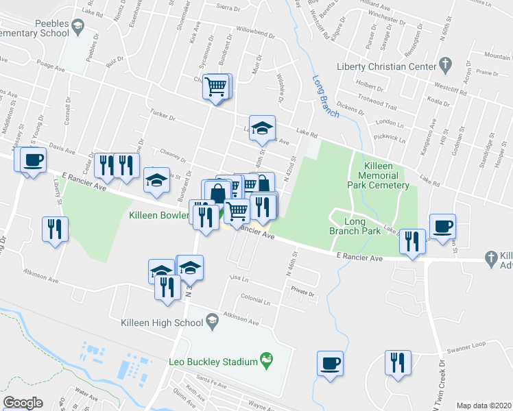 map of restaurants, bars, coffee shops, grocery stores, and more near 3304 Lake Travis Avenue in Killeen