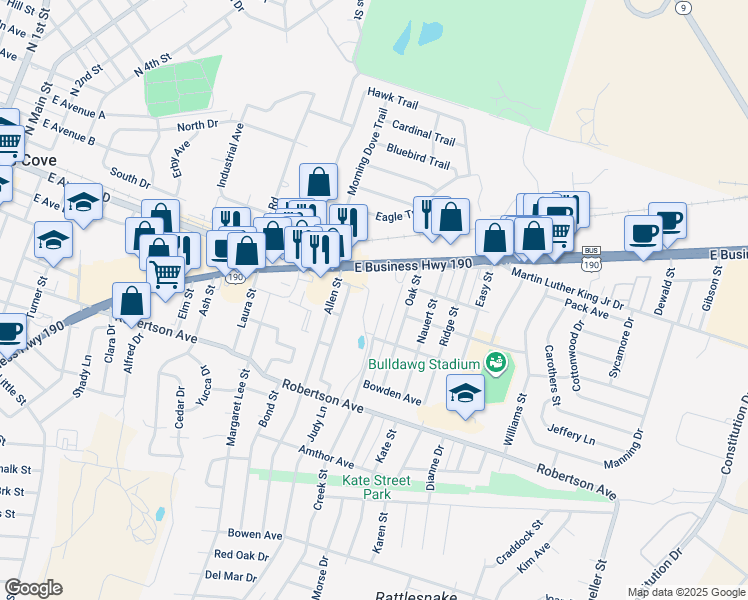 map of restaurants, bars, coffee shops, grocery stores, and more near 304 Creek Street in Copperas Cove