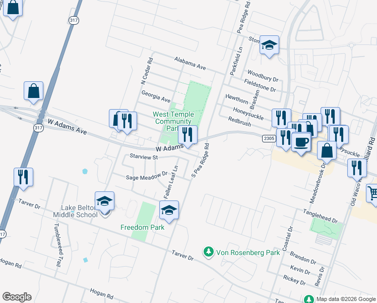 map of restaurants, bars, coffee shops, grocery stores, and more near 8307 West Adams Avenue in Temple