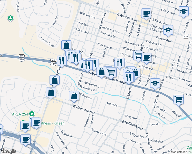 map of restaurants, bars, coffee shops, grocery stores, and more near 608 West Veterans Memorial Boulevard in Killeen