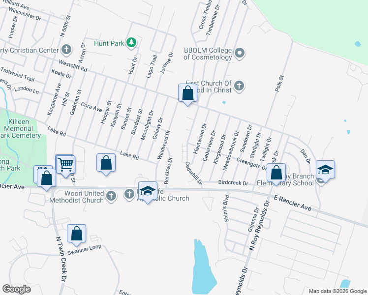 map of restaurants, bars, coffee shops, grocery stores, and more near 1901 Fleetwood Drive in Killeen