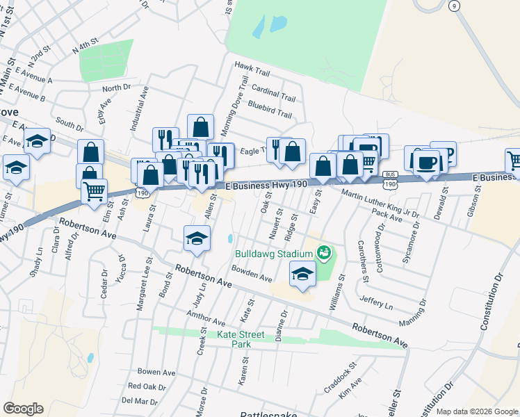 map of restaurants, bars, coffee shops, grocery stores, and more near 202 Oak Street in Copperas Cove