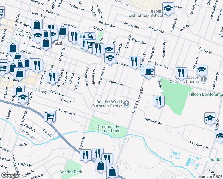 map of restaurants, bars, coffee shops, grocery stores, and more near 602 Patton Road in Killeen