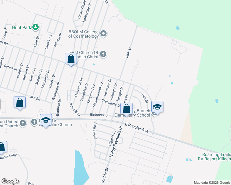 map of restaurants, bars, coffee shops, grocery stores, and more near 2002 Starlight Drive in Killeen