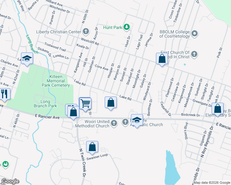 map of restaurants, bars, coffee shops, grocery stores, and more near 1704 Sunset Street in Killeen