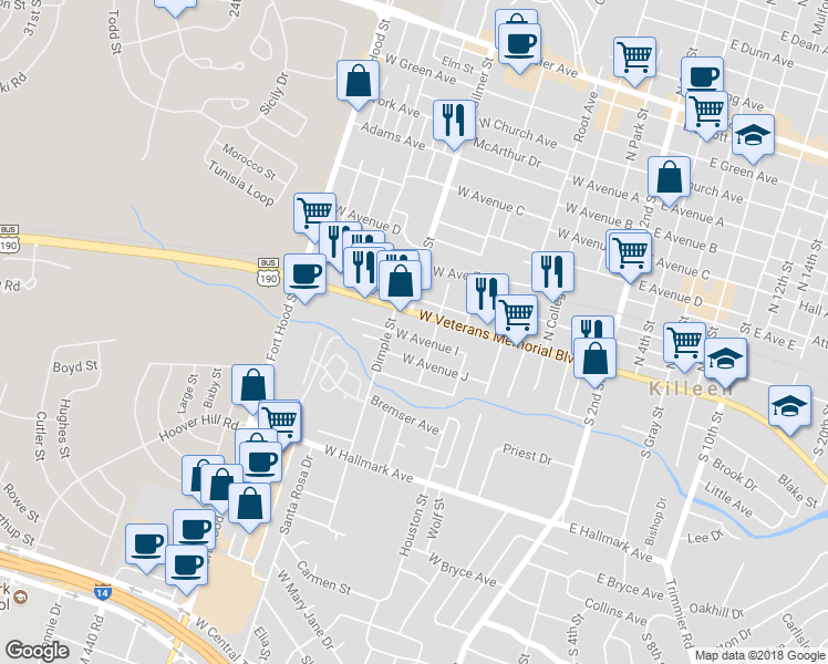 map of restaurants, bars, coffee shops, grocery stores, and more near 709 West Avenue I in Killeen