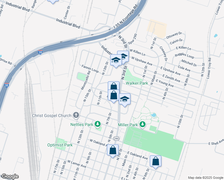 map of restaurants, bars, coffee shops, grocery stores, and more near 2205 North 9th Street in Temple