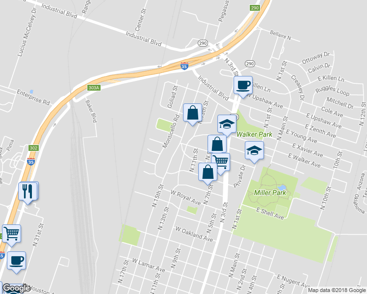 map of restaurants, bars, coffee shops, grocery stores, and more near 700 Mayborn Drive in Temple