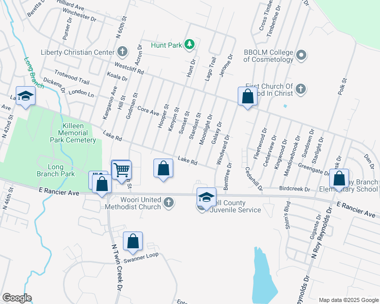 map of restaurants, bars, coffee shops, grocery stores, and more near 1707 Moonlight Drive in Killeen