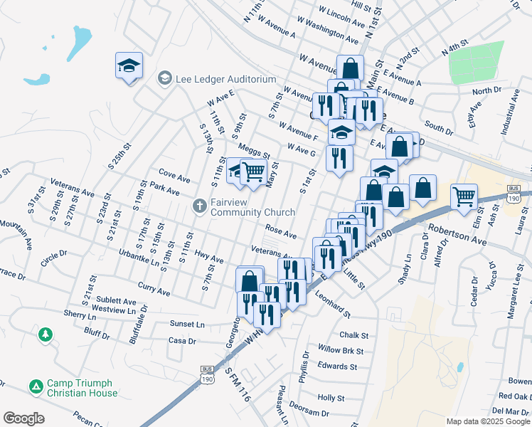 map of restaurants, bars, coffee shops, grocery stores, and more near 803 Mary Street in Copperas Cove