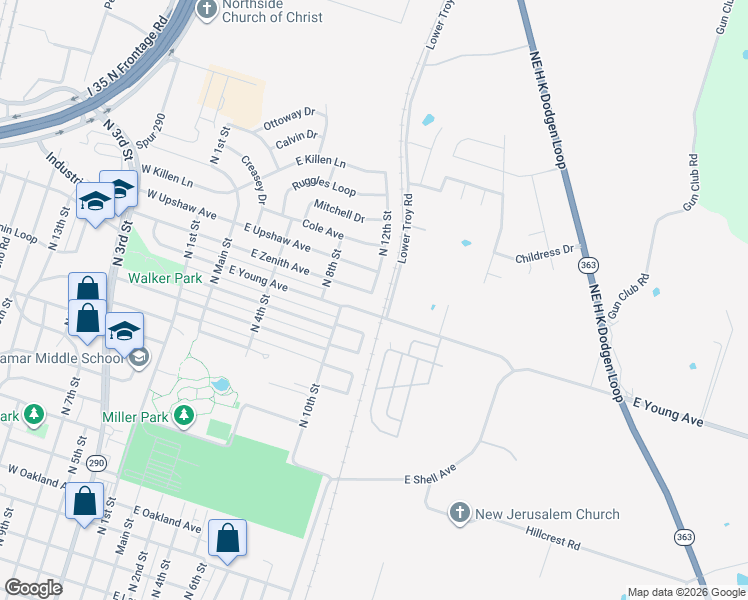 map of restaurants, bars, coffee shops, grocery stores, and more near 512b East Young Avenue in Temple