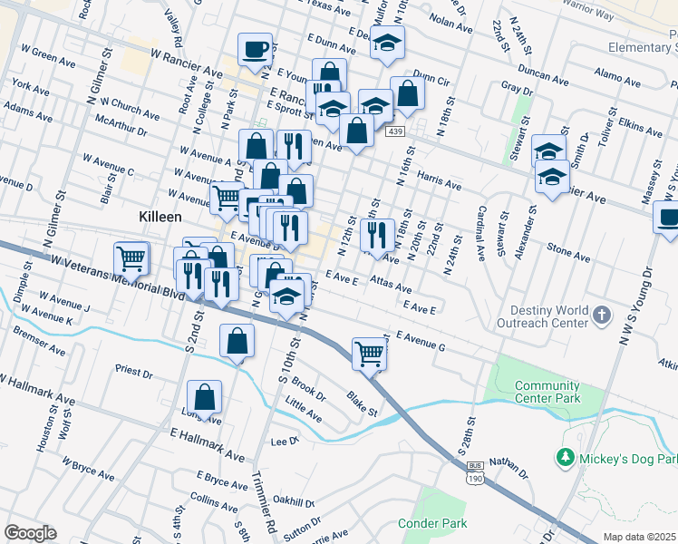 map of restaurants, bars, coffee shops, grocery stores, and more near 506 East Avenue East in Killeen