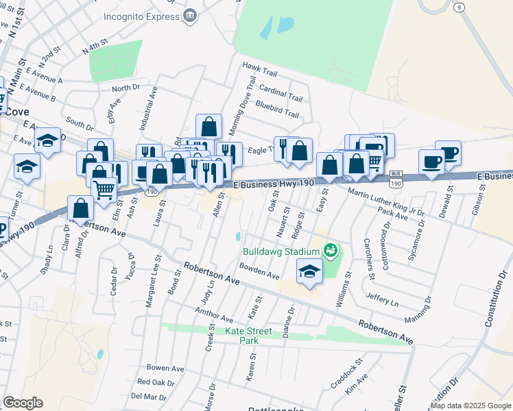 map of restaurants, bars, coffee shops, grocery stores, and more near 304 Creek Street in Copperas Cove