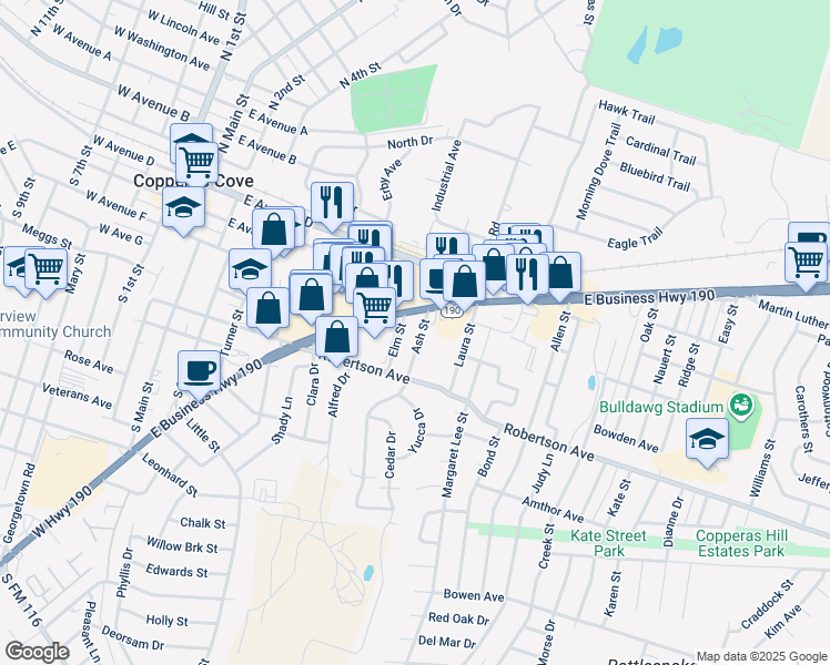 map of restaurants, bars, coffee shops, grocery stores, and more near 304 Ash Street in Copperas Cove