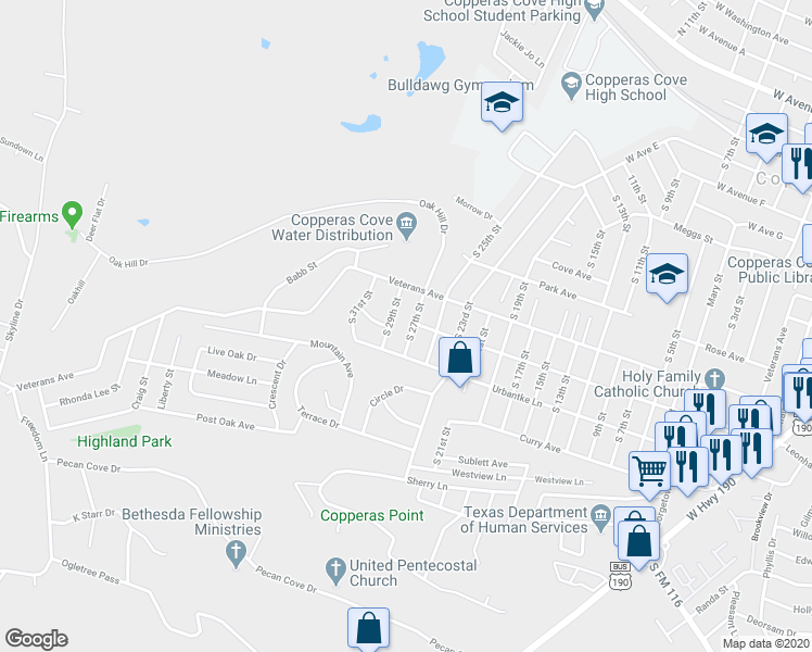 map of restaurants, bars, coffee shops, grocery stores, and more near 1104 South 27th Street in Copperas Cove