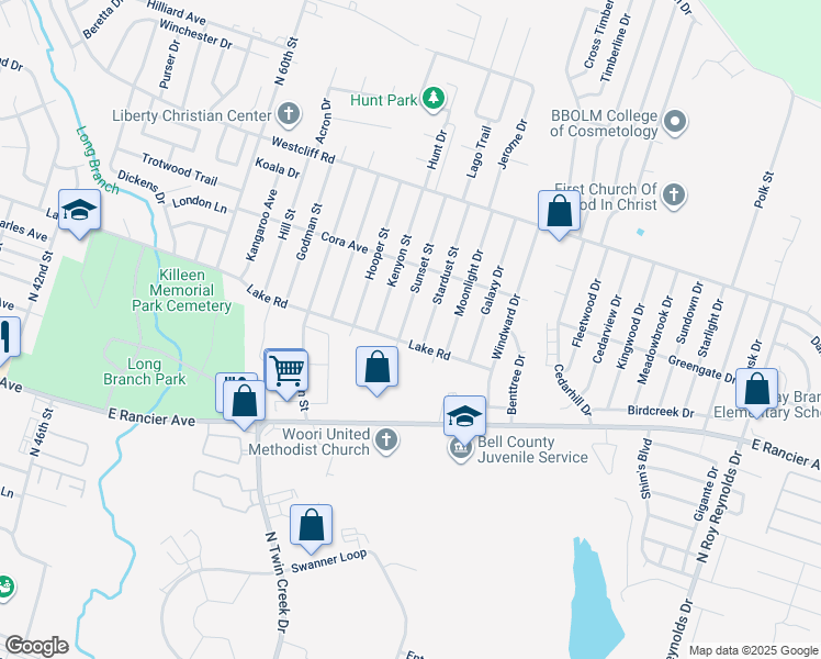 map of restaurants, bars, coffee shops, grocery stores, and more near 1704 Sunset Street in Killeen