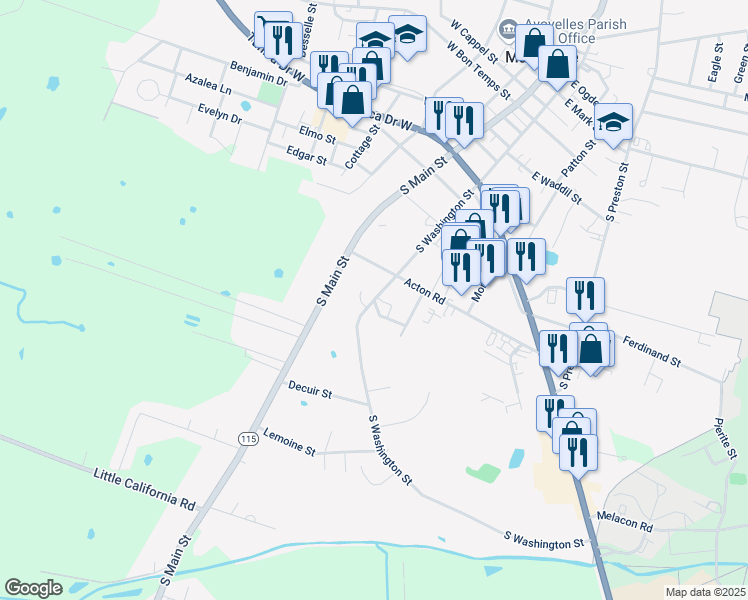 map of restaurants, bars, coffee shops, grocery stores, and more near 156 Brentwood Drive in Marksville