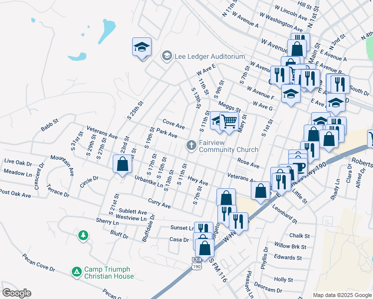 map of restaurants, bars, coffee shops, grocery stores, and more near 904 South 11th Street in Copperas Cove