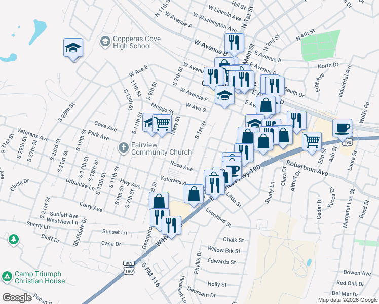 map of restaurants, bars, coffee shops, grocery stores, and more near 706 South 1st Street in Copperas Cove